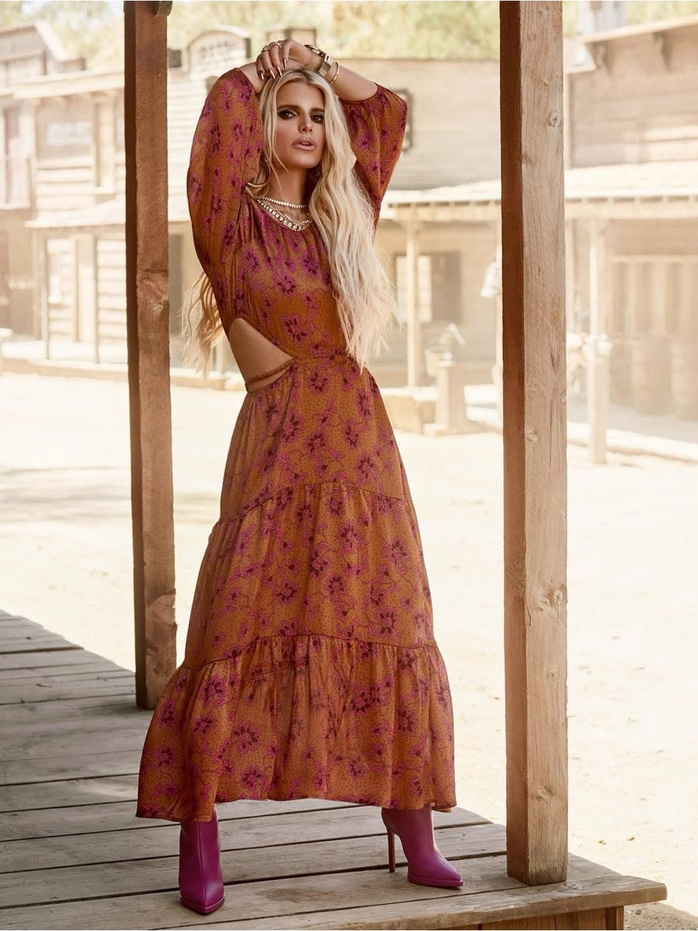 Jessica Simpson Kezia Glazed Ginger Botanical Pebbles Rust Fuchsia Maxi Dress